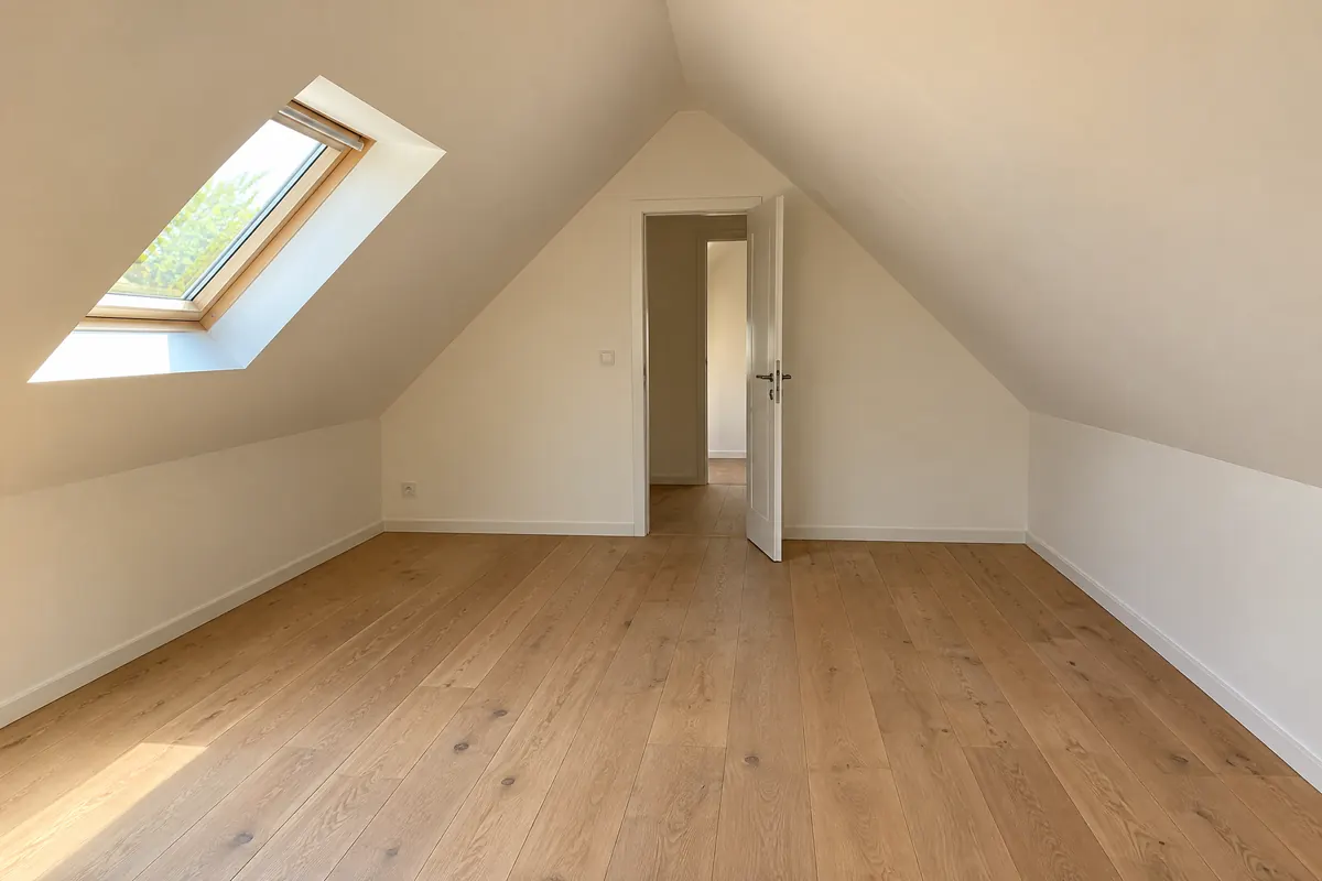 Pièce aménagée sous les combles : rampants lisses peints en blanc, fenêtre de toit, parquet