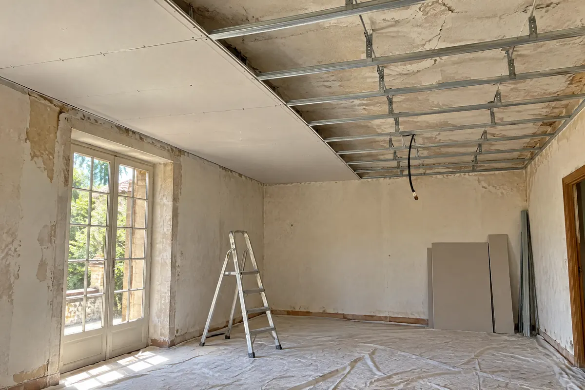 Plafond suspendu en cours de pose : ossature métallique suspendue sous l’ancien plafond, premières plaques de plâtre vissées