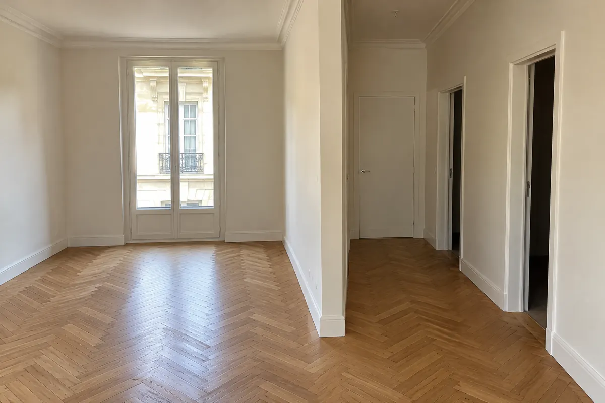Entrée d’un appartement ancien rénové : couloir aux murs blancs lisses, corniche, nouvelle cloison avec porte, parquet en point de Hongrie, porte-fenêtre au fond
