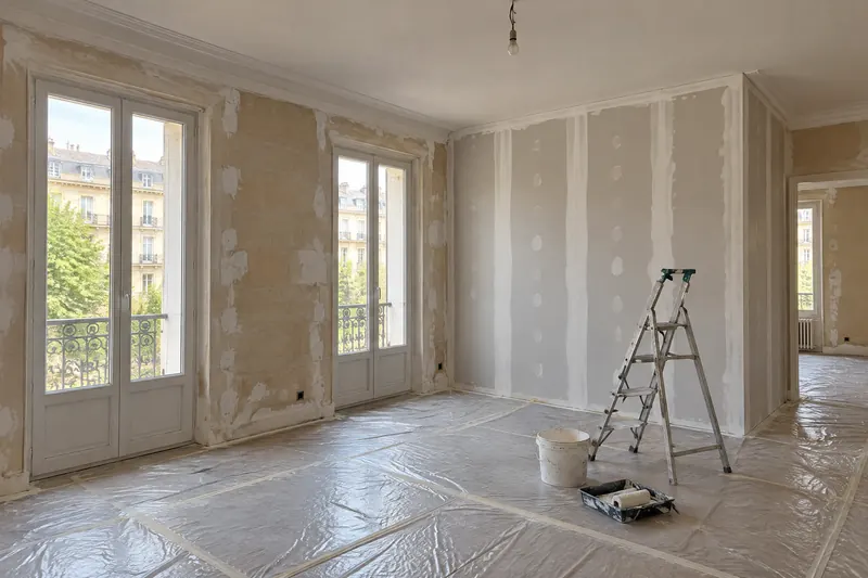 Séjour d’appartement ancien en travaux : nouvelle cloison en plaques avec joints enduits, reprises d’enduit sur les murs, parquet protégé par une bâche, escabeau