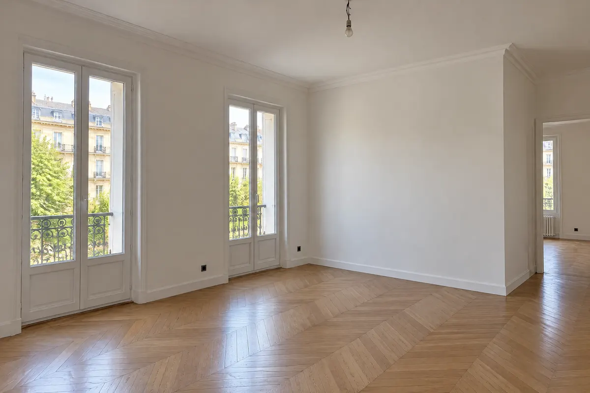 Séjour d’un appartement ancien rénové : murs lisses peints en blanc cassé, corniche, grandes portes-fenêtres, parquet en point de Hongrie