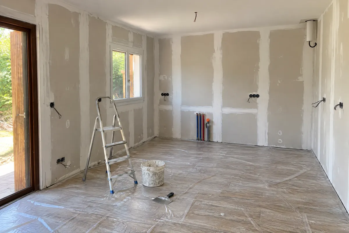 Cuisine en travaux : murs doublés en plaques de plâtre avec joints enduits, attentes d’eau et d’électricité, sol carrelé imitation bois sous bâche