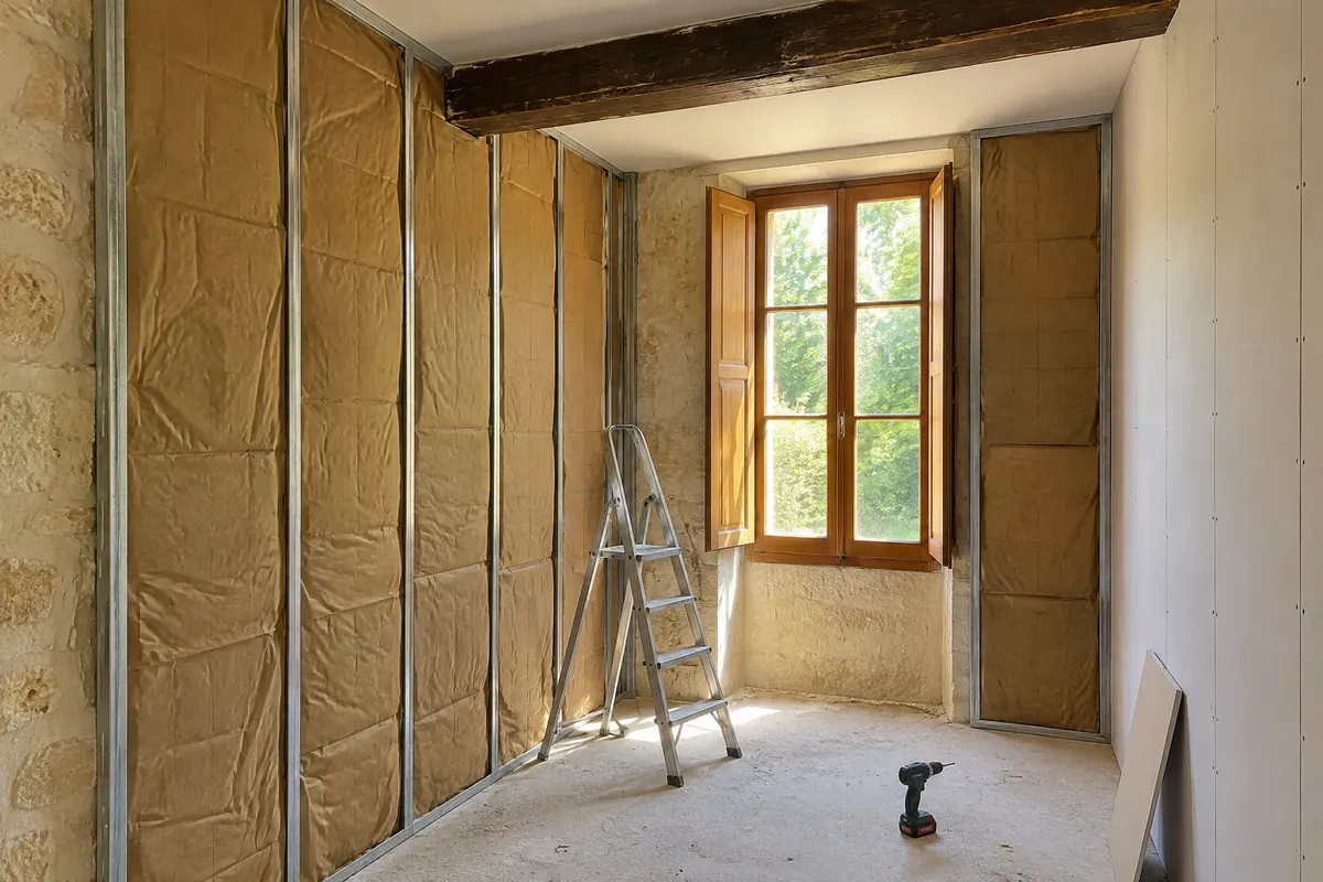 Pièce d’une maison en pierre en cours de doublage : montants métalliques devant le mur en pierre, isolant à parement kraft, premières plaques vissées, fenêtre à volets intérieurs